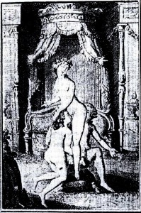 María Antonieta, su amante femenina y su hijo, en un grabado de la edición de 1795, de La filosofía en el tocador del marqués de Sade.